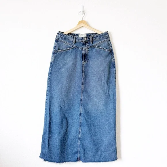 FREE PEOPLE Come as You Are Denim Maxi Skirt Size 8 Dark Indigo - Picture 2 of 9